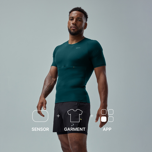 Smart Training Pack: Sensor + App + Pine Green Smart T-Shirt - Compressive Fit